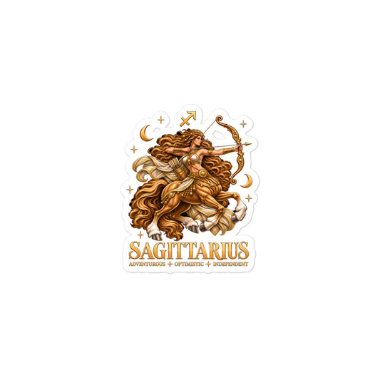 Sagittarius zodiac sticker, 3 x 3 in kiss-cut: a golden centaur archer drawing her bow in a night sky of gold stars, with the Sagittarius glyph, two crescent moons and the words Adventurous, Optimistic, Independent