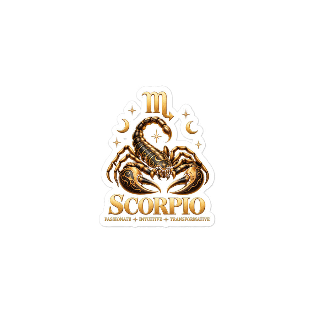 Scorpio zodiac sticker, 3 x 3 in kiss-cut: a golden scorpion with its tail raised in a night sky of gold stars, with the Scorpio glyph, two crescent moons and the words Passionate, Intuitive, Transformative