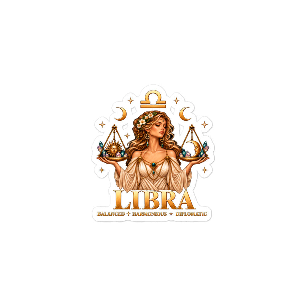 Libra zodiac sticker, 3 x 3 in kiss-cut: a woman holding golden scales with the sun and the moon, in a night sky of gold stars, with the Libra glyph, two crescent moons and the words Balanced, Harmonious, Diplomatic