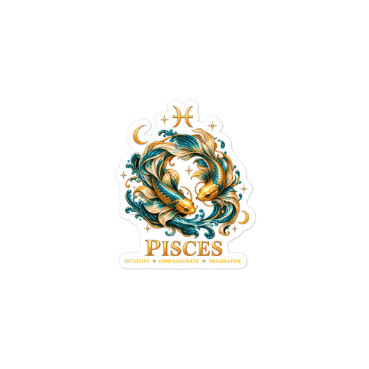 Pisces zodiac sticker, 3 x 3 in kiss-cut: two gold and teal koi circling in a night sky of gold stars, with the Pisces glyph, two crescent moons and the words Intuitive, Compassionate, Imaginative