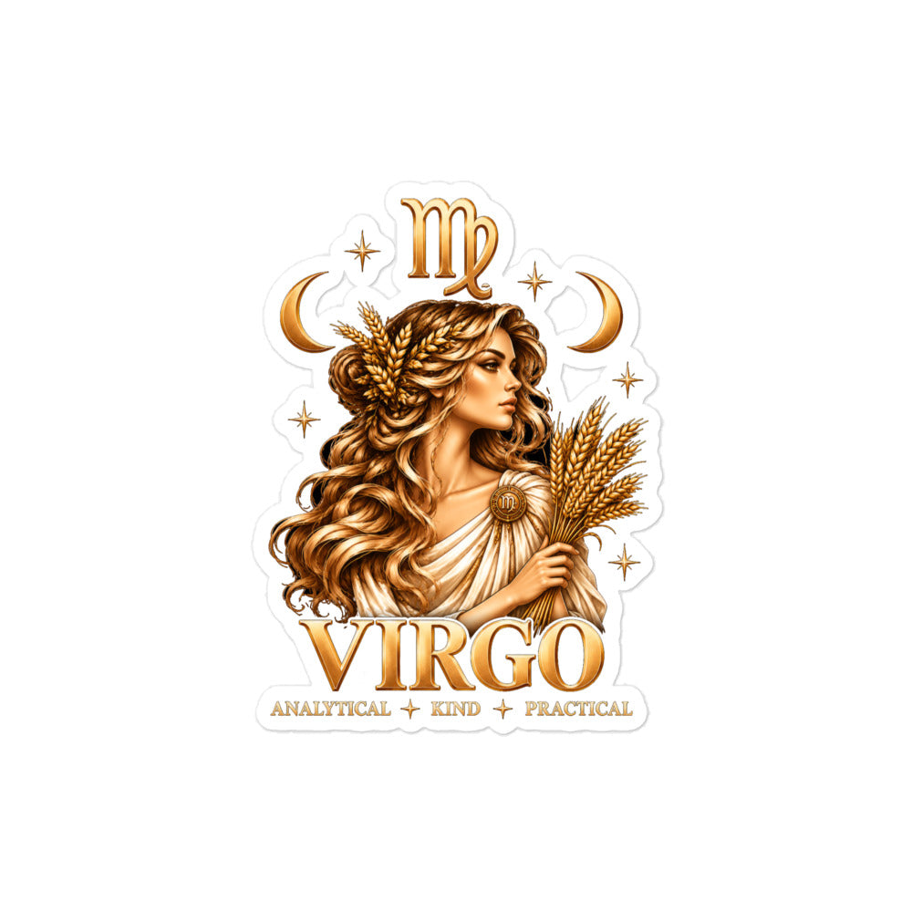 Virgo zodiac sticker, 4 x 4 in kiss-cut: a golden maiden with wheat in her hair holding a sheaf of wheat in a night sky of gold stars