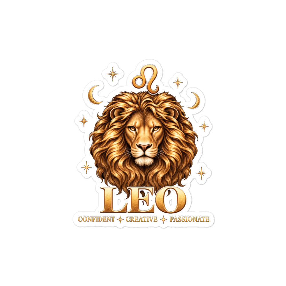 Leo zodiac sticker, 4 x 4 in kiss-cut: a golden lion with a full flowing mane in a night sky of gold stars