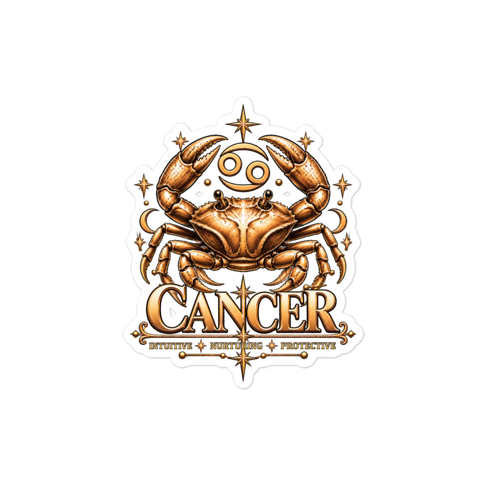 Cancer zodiac sticker, 4 x 4 in kiss-cut: a golden crab with claws raised in a night sky of gold stars
