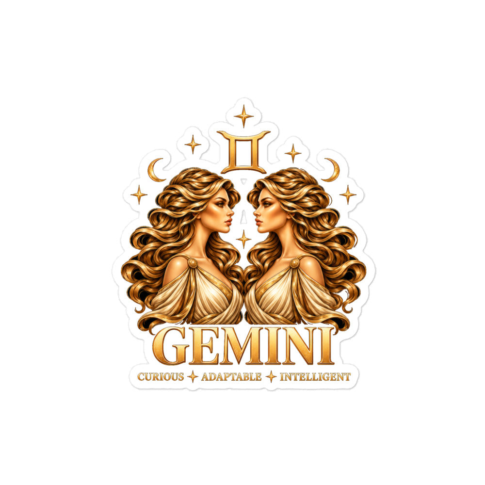 Gemini zodiac sticker, 4 x 4 in kiss-cut: golden twins face to face with flowing hair in a night sky of gold stars