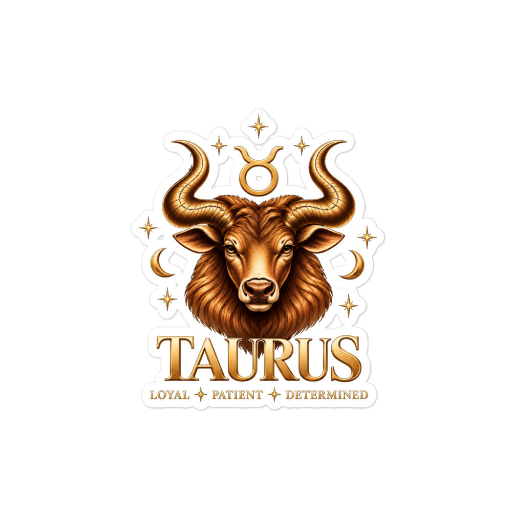 Taurus zodiac sticker, 4 x 4 in kiss-cut: a golden bull with sweeping horns in a night sky of gold stars