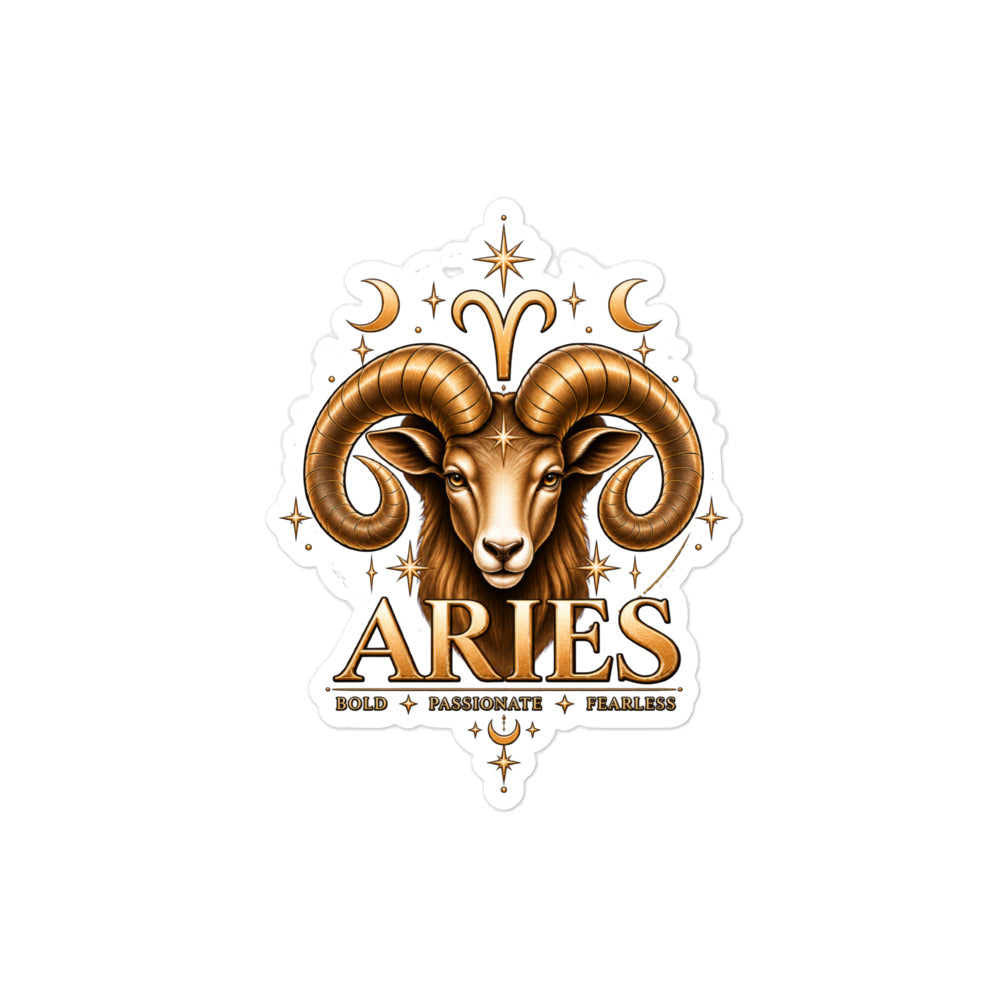 Aries zodiac sticker, 4 x 4 in kiss-cut: a golden ram with curled horns and a star on his brow in a night sky of gold stars