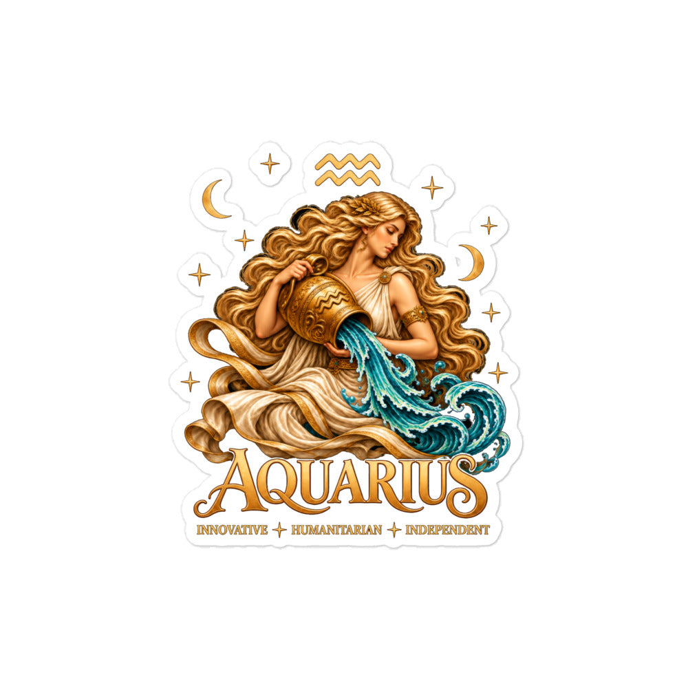 Aquarius zodiac sticker, 4 x 4 in kiss-cut: a golden water bearer pouring teal water from her jar in a night sky of gold stars
