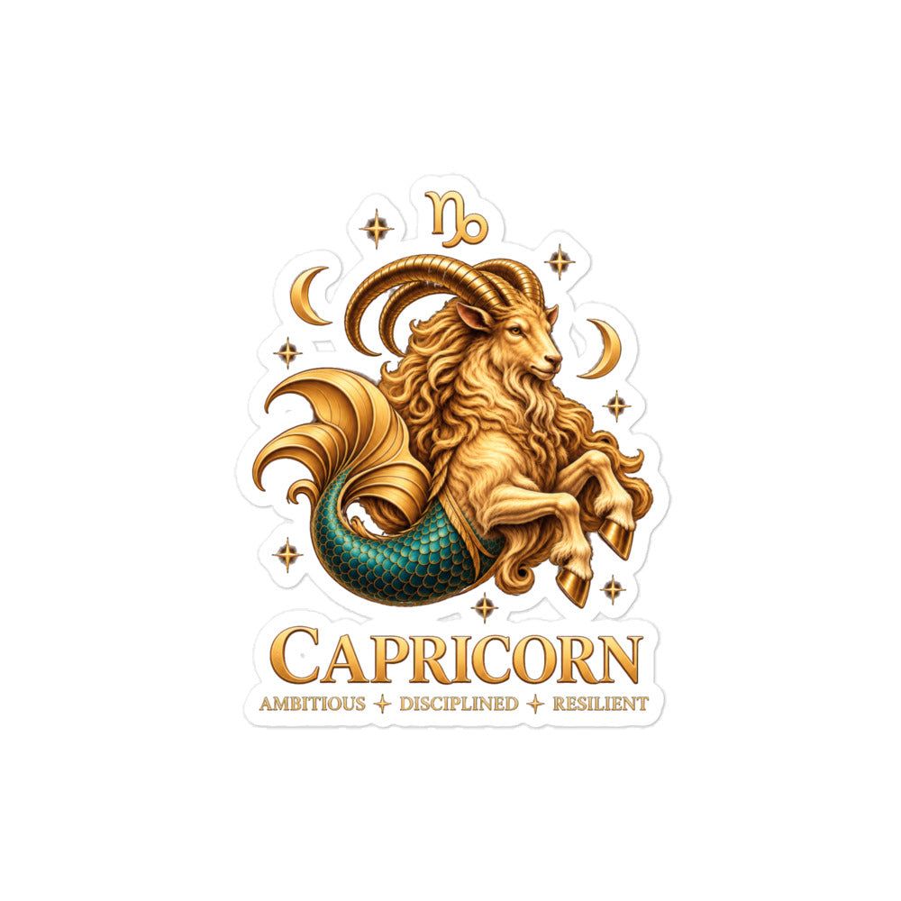 Capricorn zodiac sticker, 4 x 4 in kiss-cut: a golden sea-goat with a teal fish tail in a night sky of gold stars