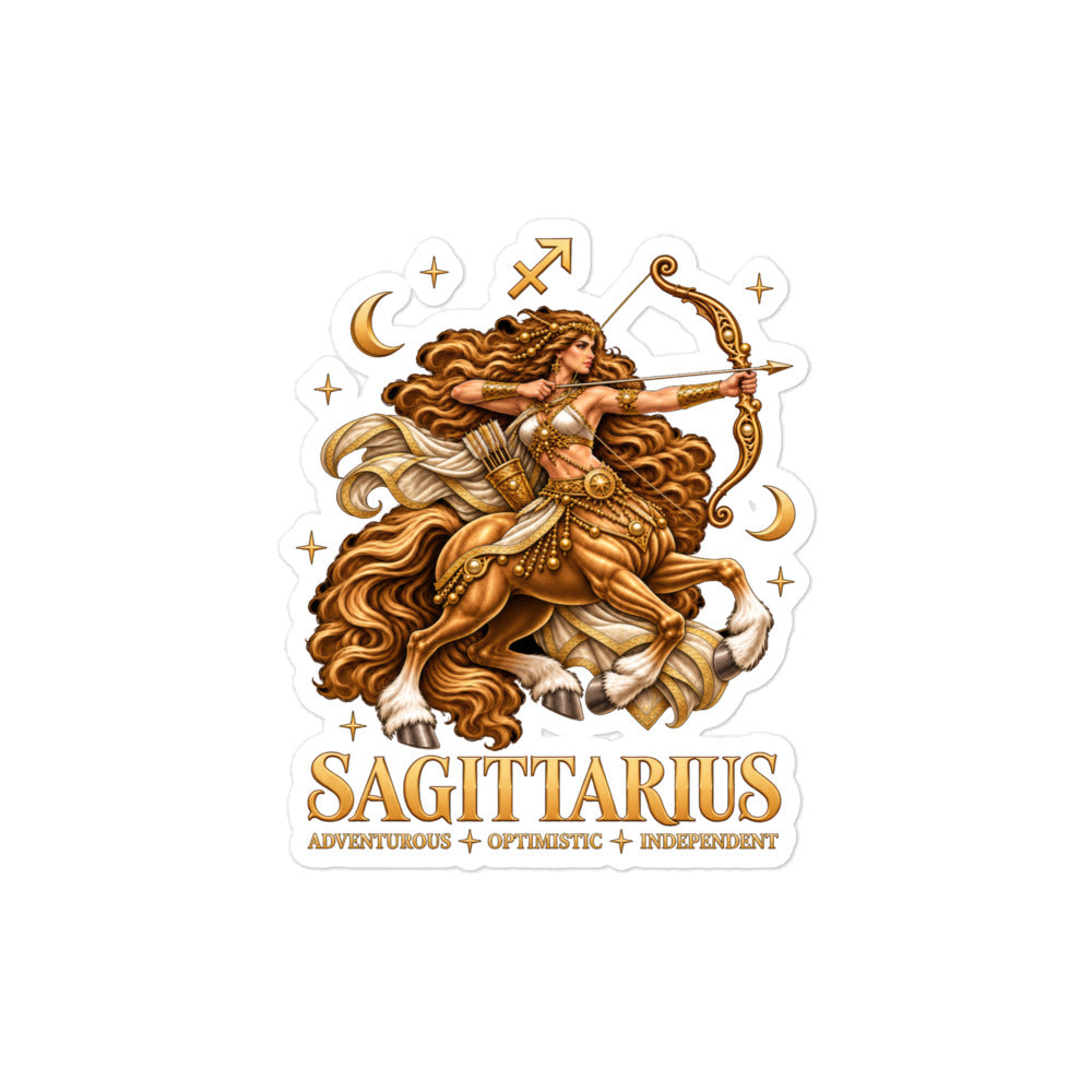 Sagittarius zodiac sticker, 4 x 4 in kiss-cut: a golden centaur archer drawing her bow in a night sky of gold stars