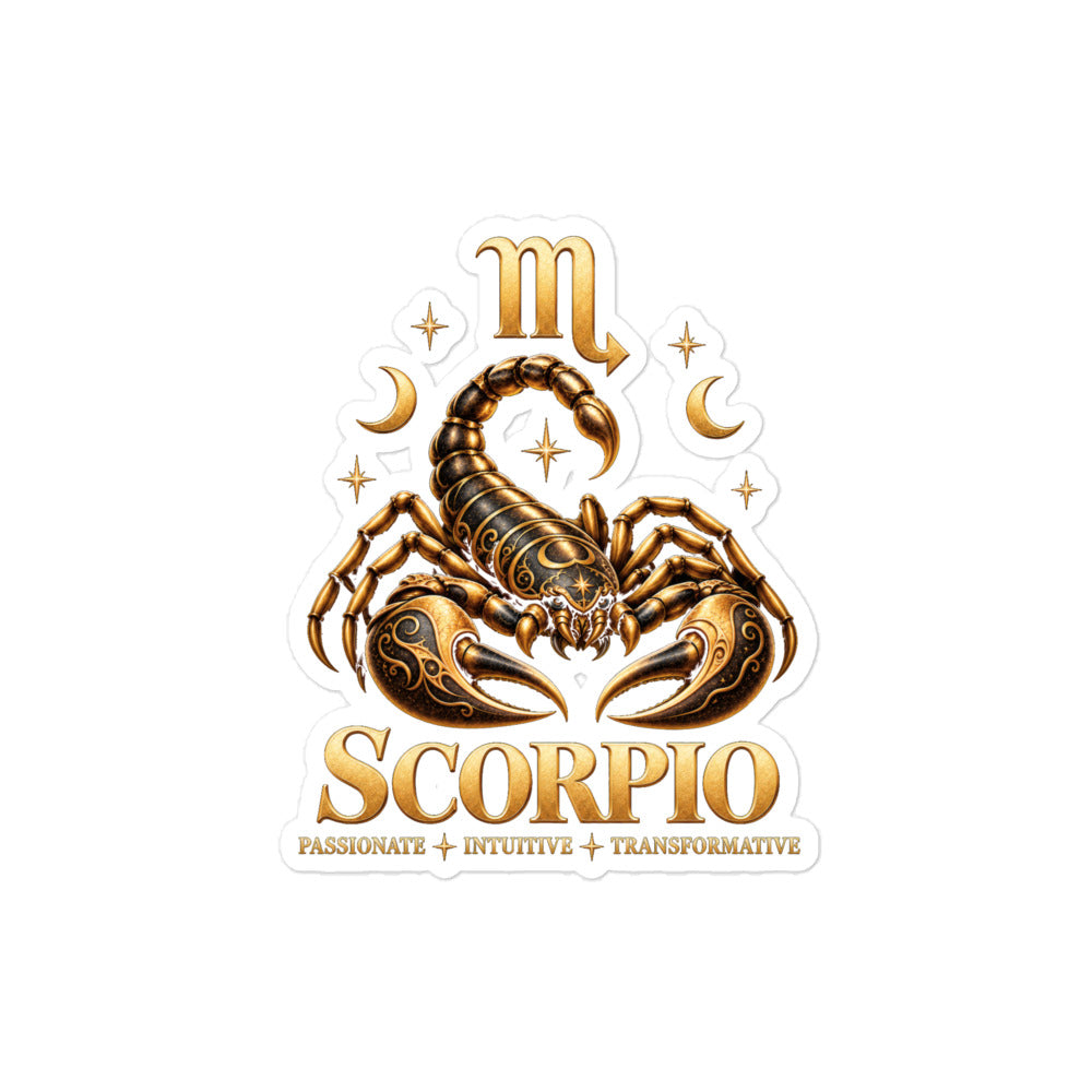 Scorpio zodiac sticker, 4 x 4 in kiss-cut: a golden scorpion with its tail raised in a night sky of gold stars