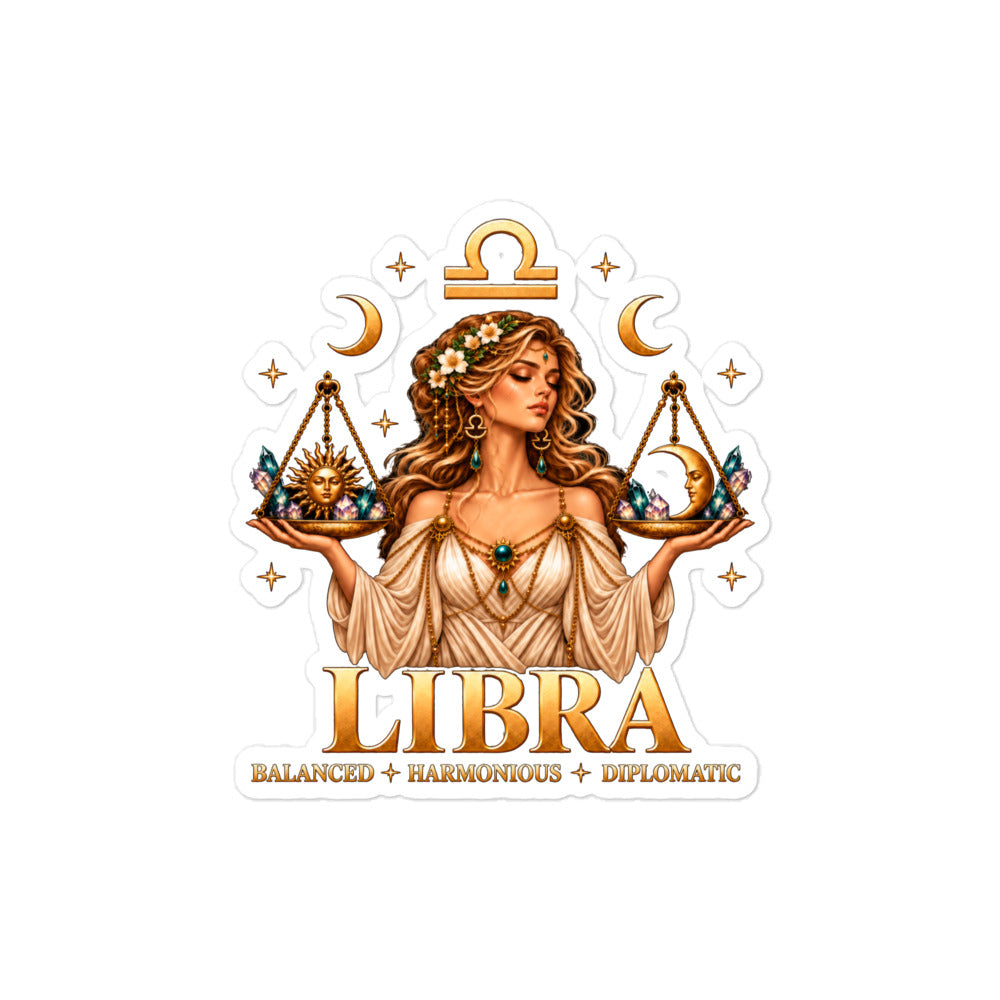 Libra zodiac sticker, 4 x 4 in kiss-cut: a woman holding golden scales with the sun and the moon, in a night sky of gold stars