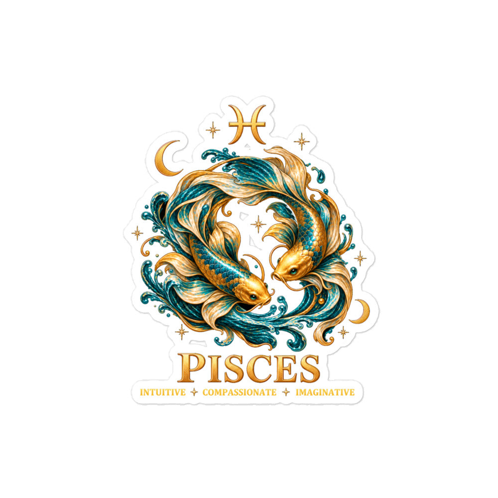 Pisces zodiac sticker, 4 x 4 in kiss-cut: two gold and teal koi circling in a night sky of gold stars