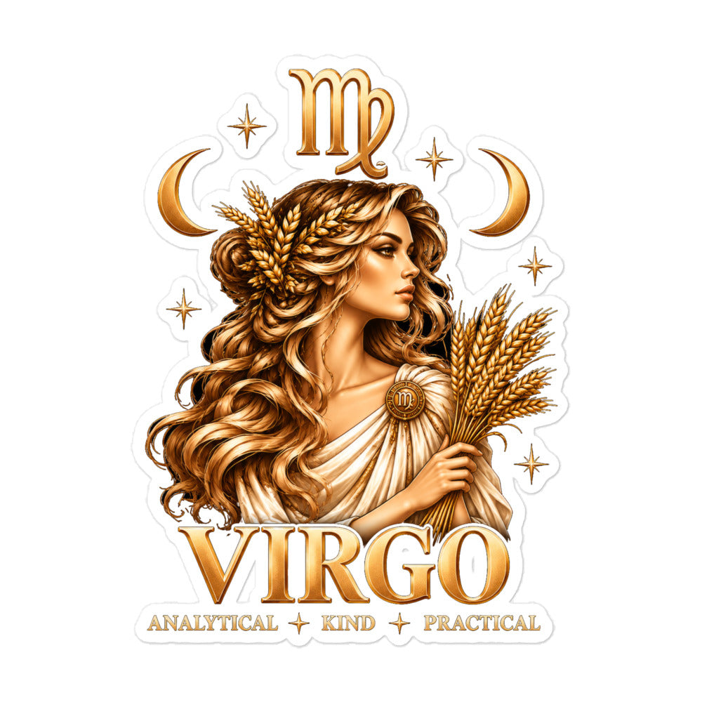 Virgo zodiac sticker, 5.5 x 5.5 in kiss-cut: a golden maiden with wheat in her hair holding a sheaf of wheat in a night sky of gold stars