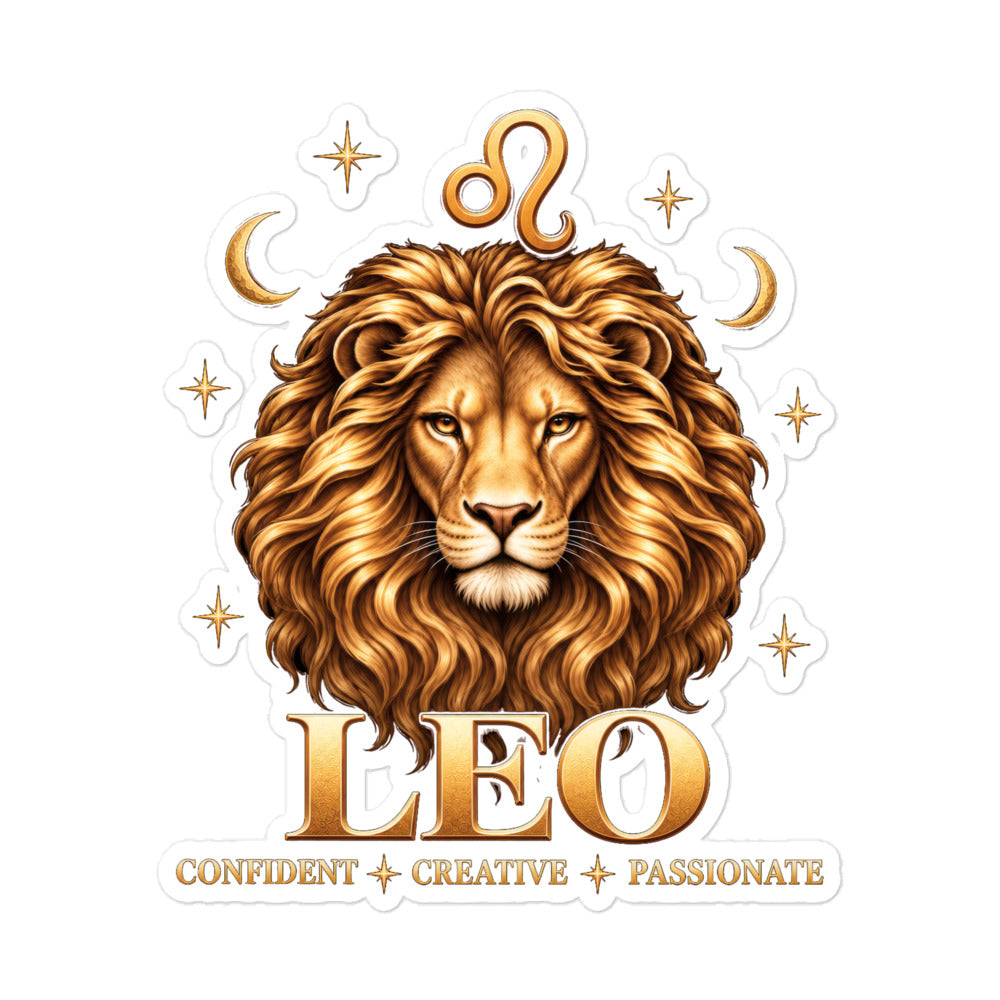 Leo zodiac sticker, 5.5 x 5.5 in kiss-cut: a golden lion with a full flowing mane in a night sky of gold stars