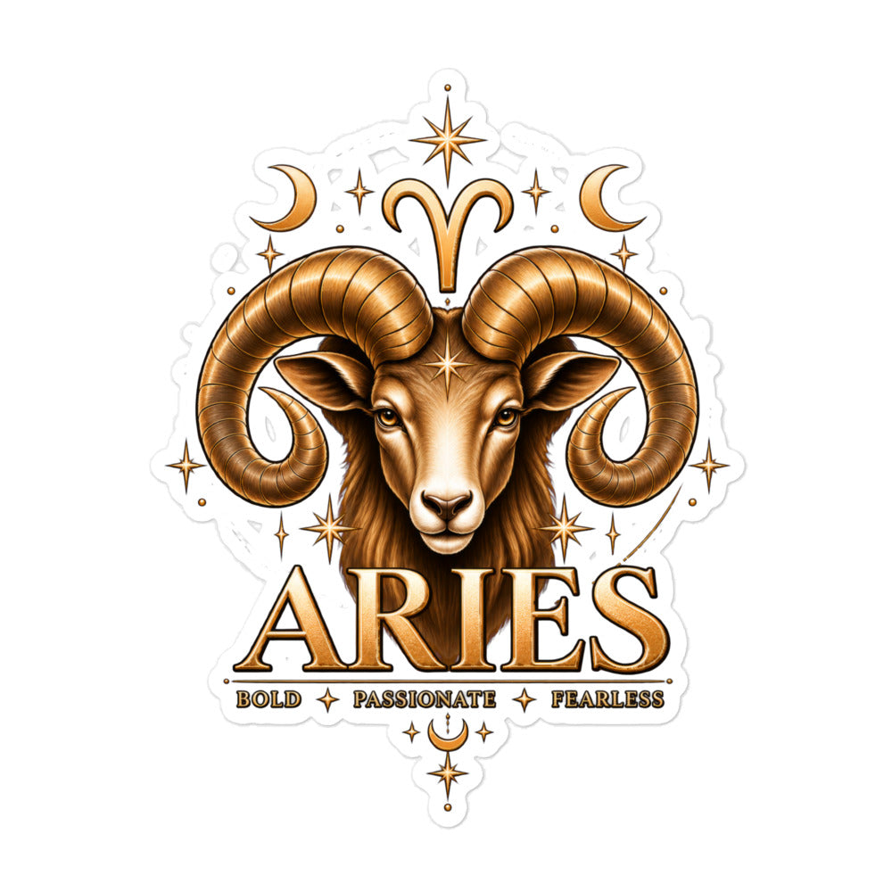 Aries zodiac sticker, 5.5 x 5.5 in kiss-cut: a golden ram with curled horns and a star on his brow in a night sky of gold stars