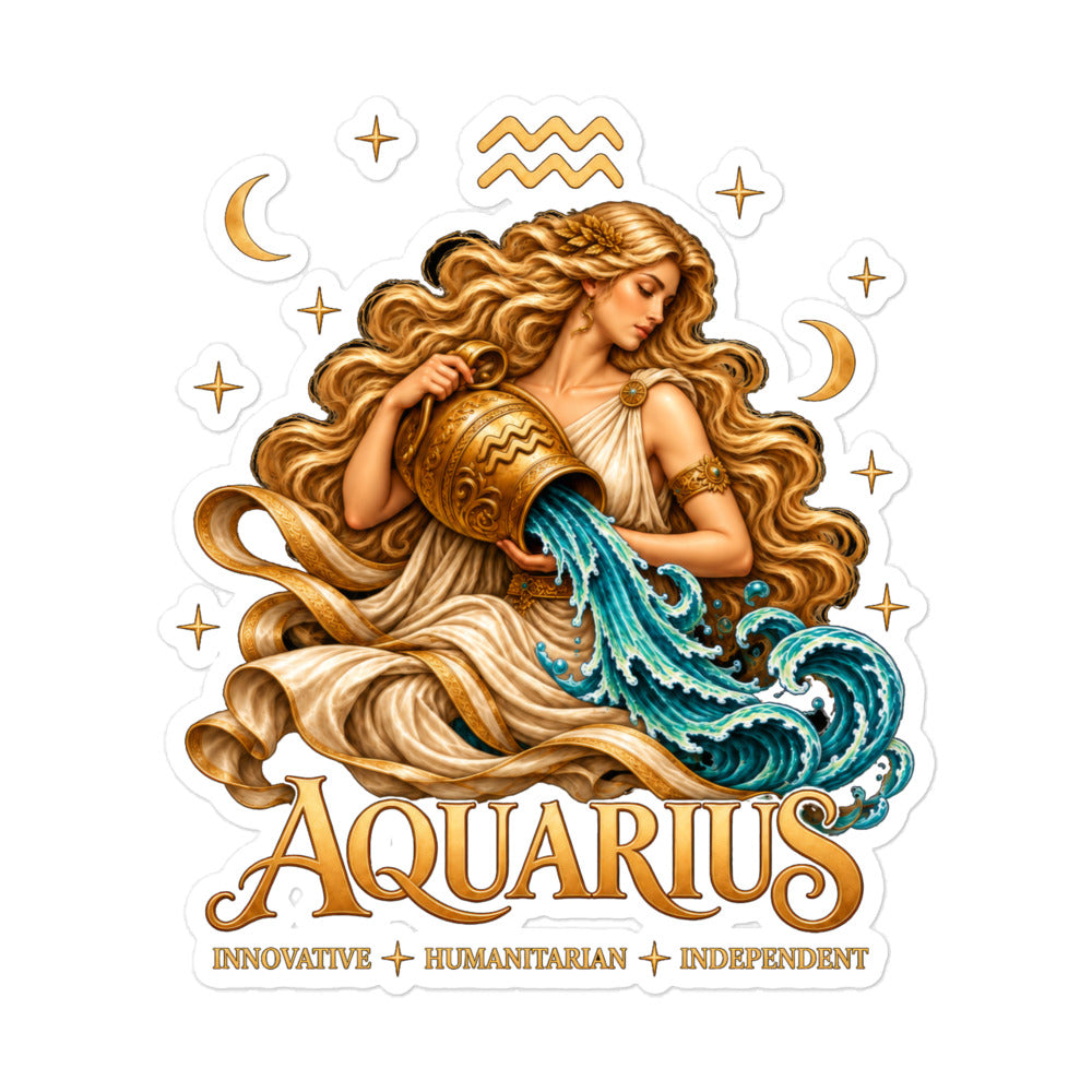 Aquarius zodiac sticker, 5.5 x 5.5 in kiss-cut: a golden water bearer pouring teal water from her jar in a night sky of gold stars