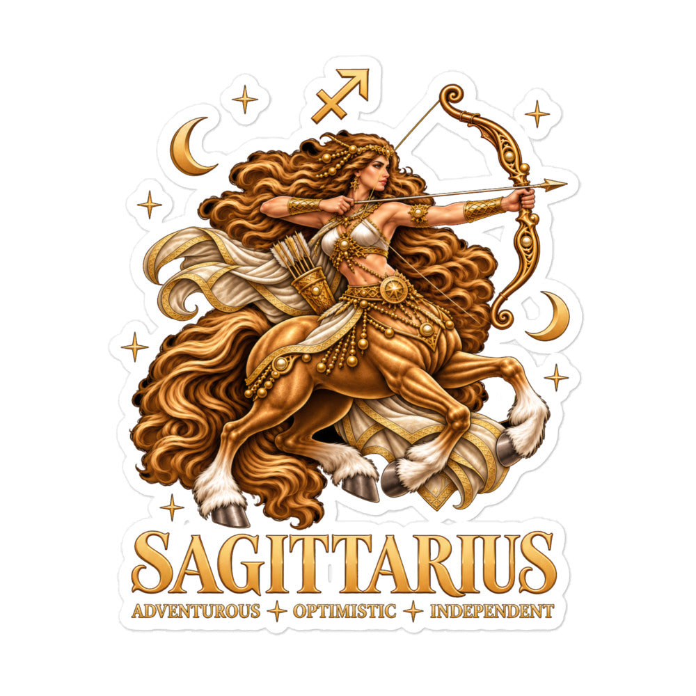 Sagittarius zodiac sticker, 5.5 x 5.5 in kiss-cut: a golden centaur archer drawing her bow in a night sky of gold stars