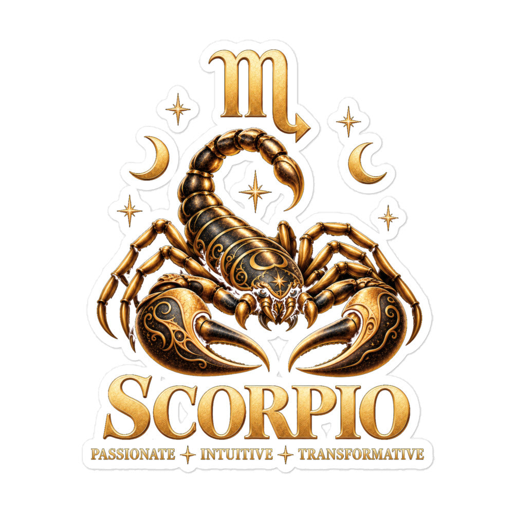 Scorpio zodiac sticker, 5.5 x 5.5 in kiss-cut: a golden scorpion with its tail raised in a night sky of gold stars