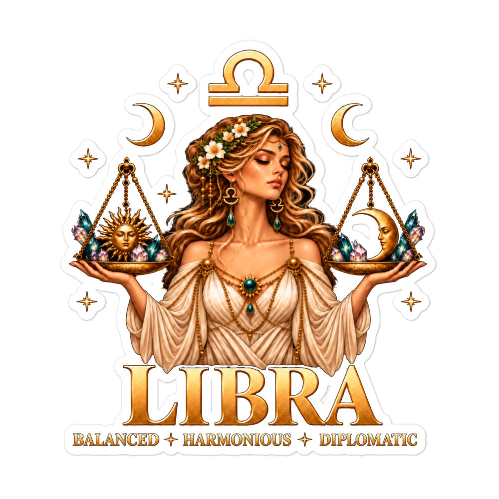 Libra zodiac sticker, 5.5 x 5.5 in kiss-cut: a woman holding golden scales with the sun and the moon, in a night sky of gold stars