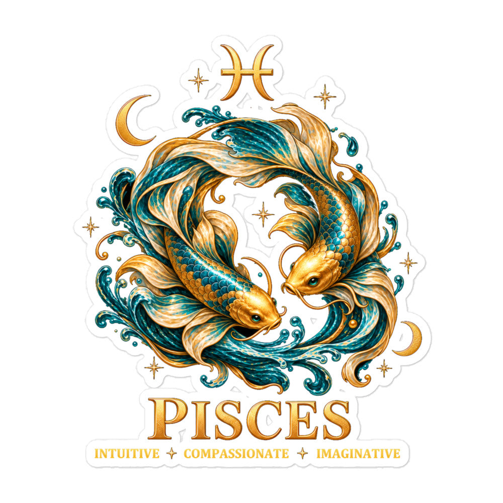 Pisces zodiac sticker, 5.5 x 5.5 in kiss-cut: two gold and teal koi circling in a night sky of gold stars