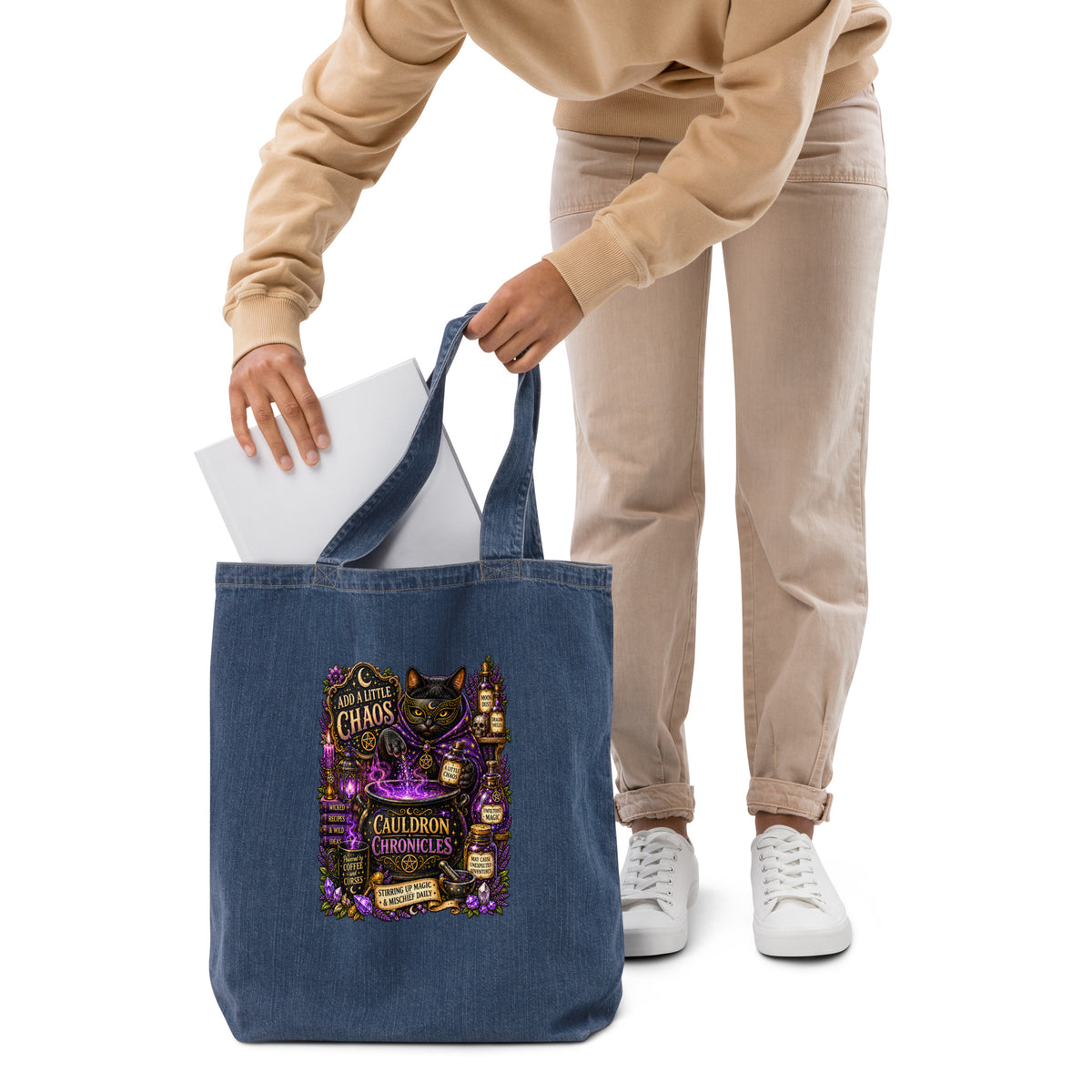 Add A Little Chaos organic denim tote bag, front view, second angle