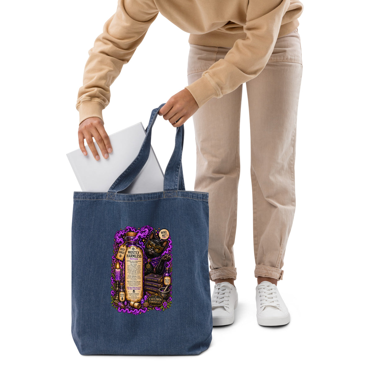 Mostly Harmless organic denim tote bag, front view, second angle