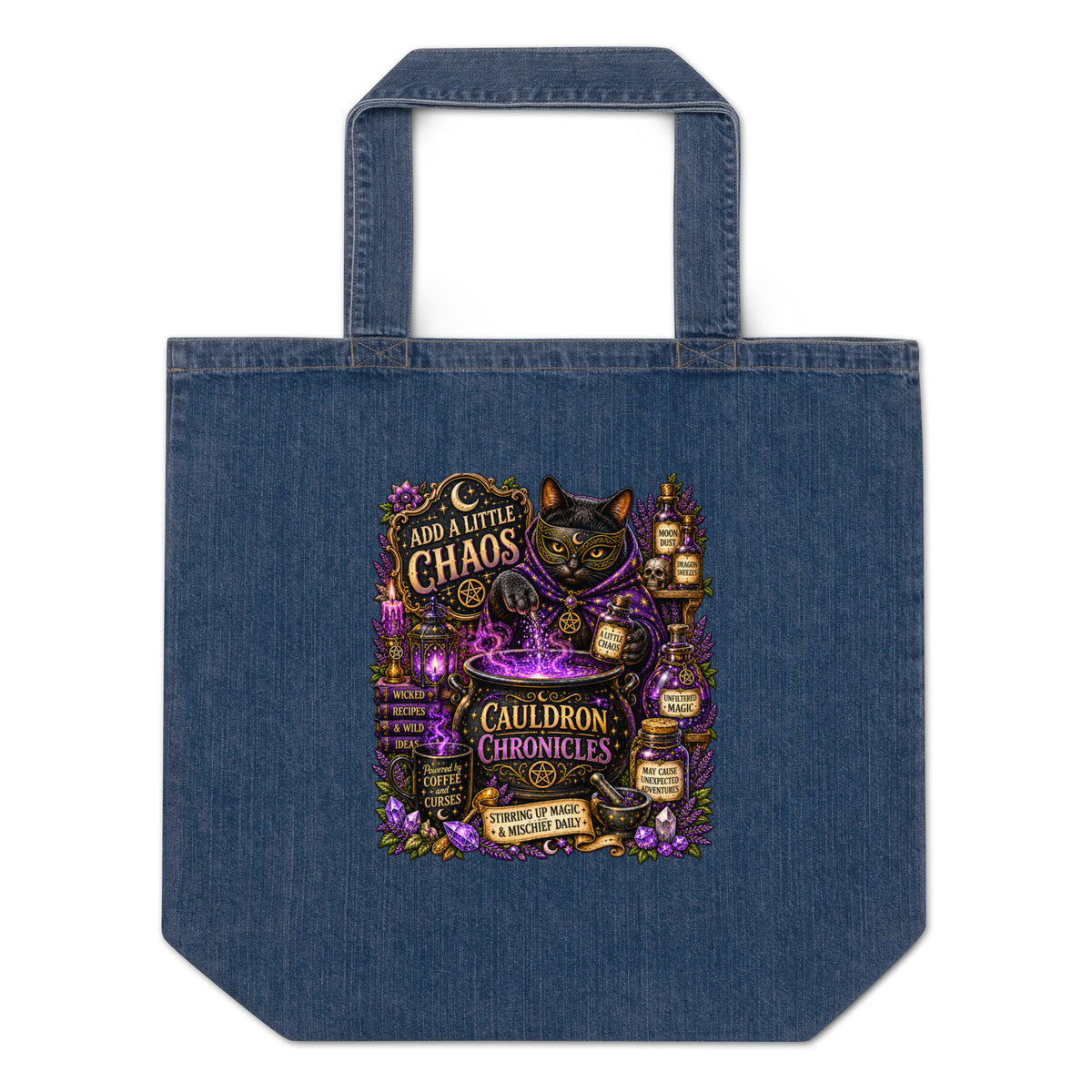 Add A Little Chaos design, a masked black cat stirring a bubbling purple cauldron, on an organic denim tote bag, front view