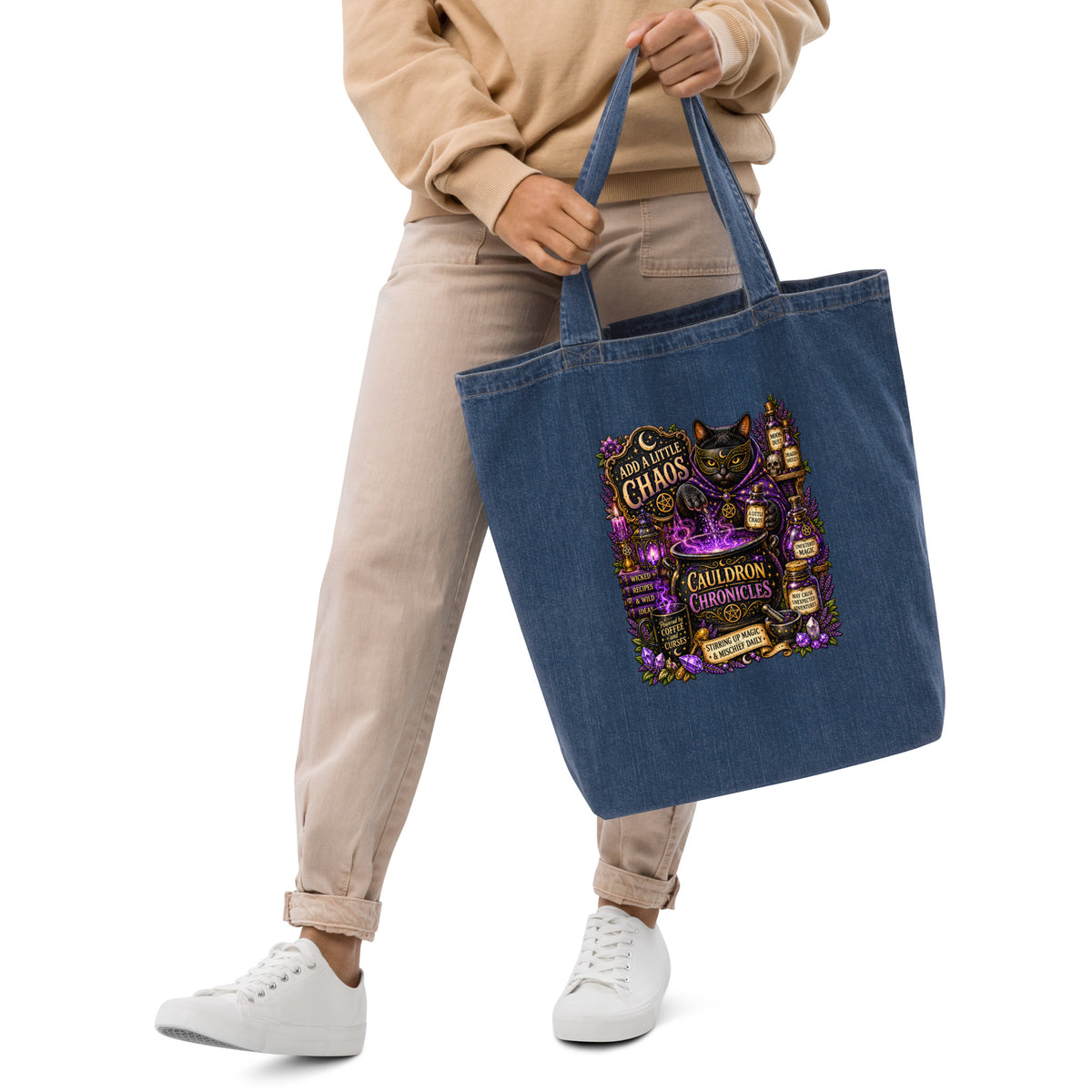Add A Little Chaos design on an organic denim tote bag, front view