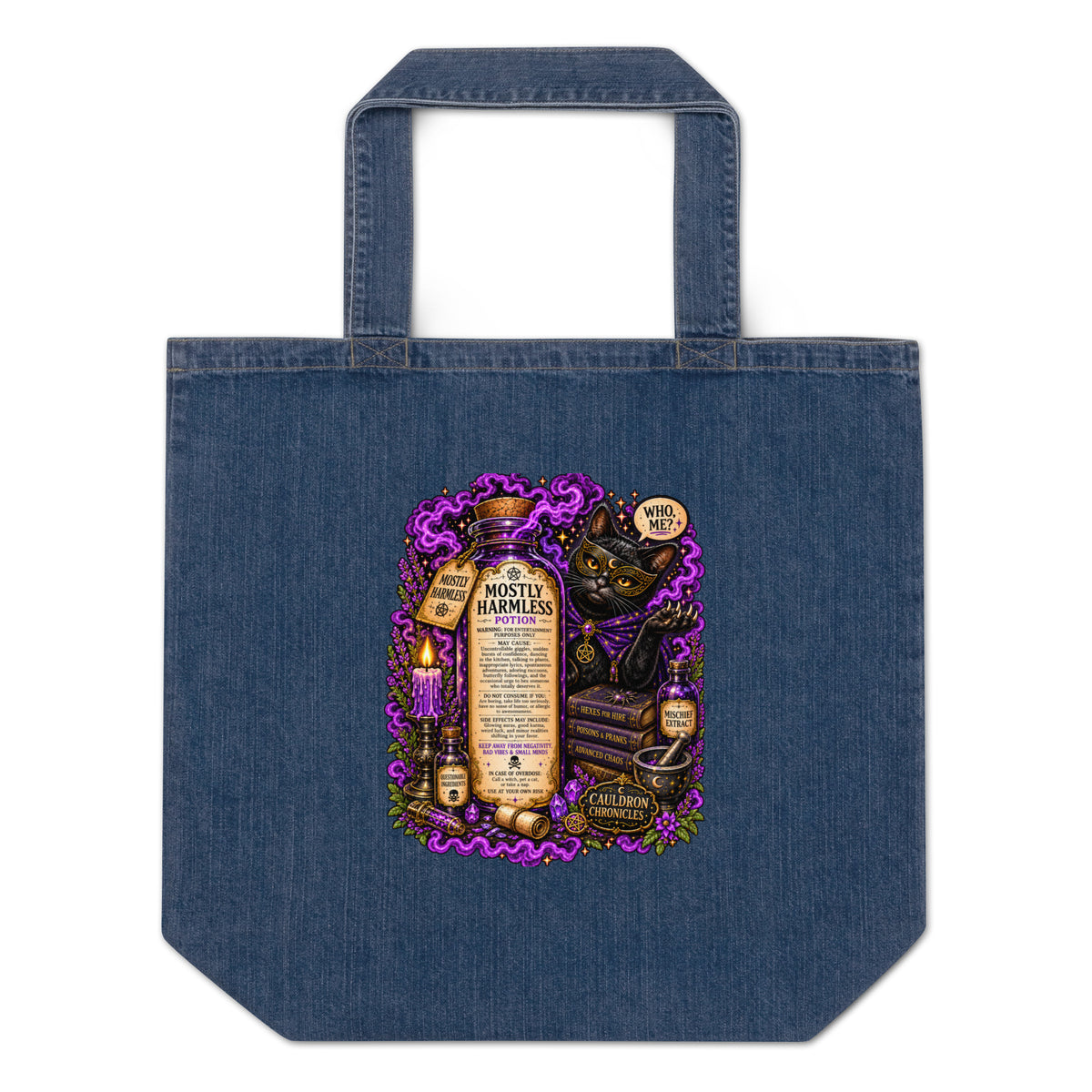 Mostly Harmless design, a potion bottle and a masked black cat, on an organic denim tote bag, front view