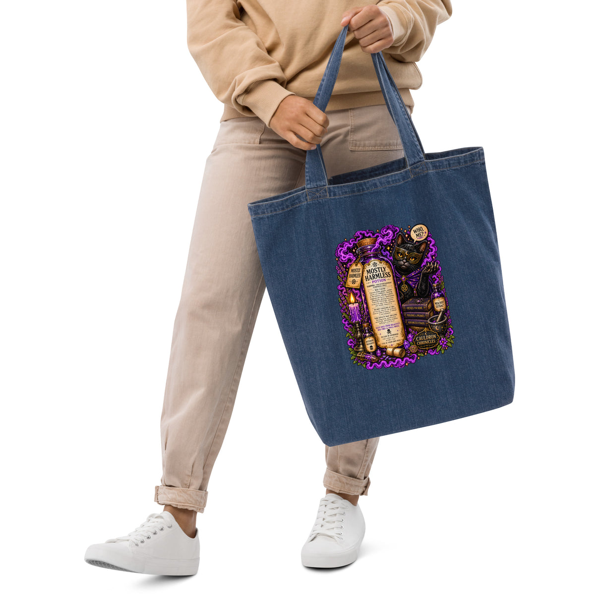 Mostly Harmless design on an organic denim tote bag, front view