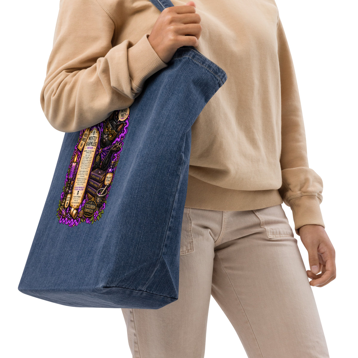 Mostly Harmless organic denim tote bag, right front view, second angle