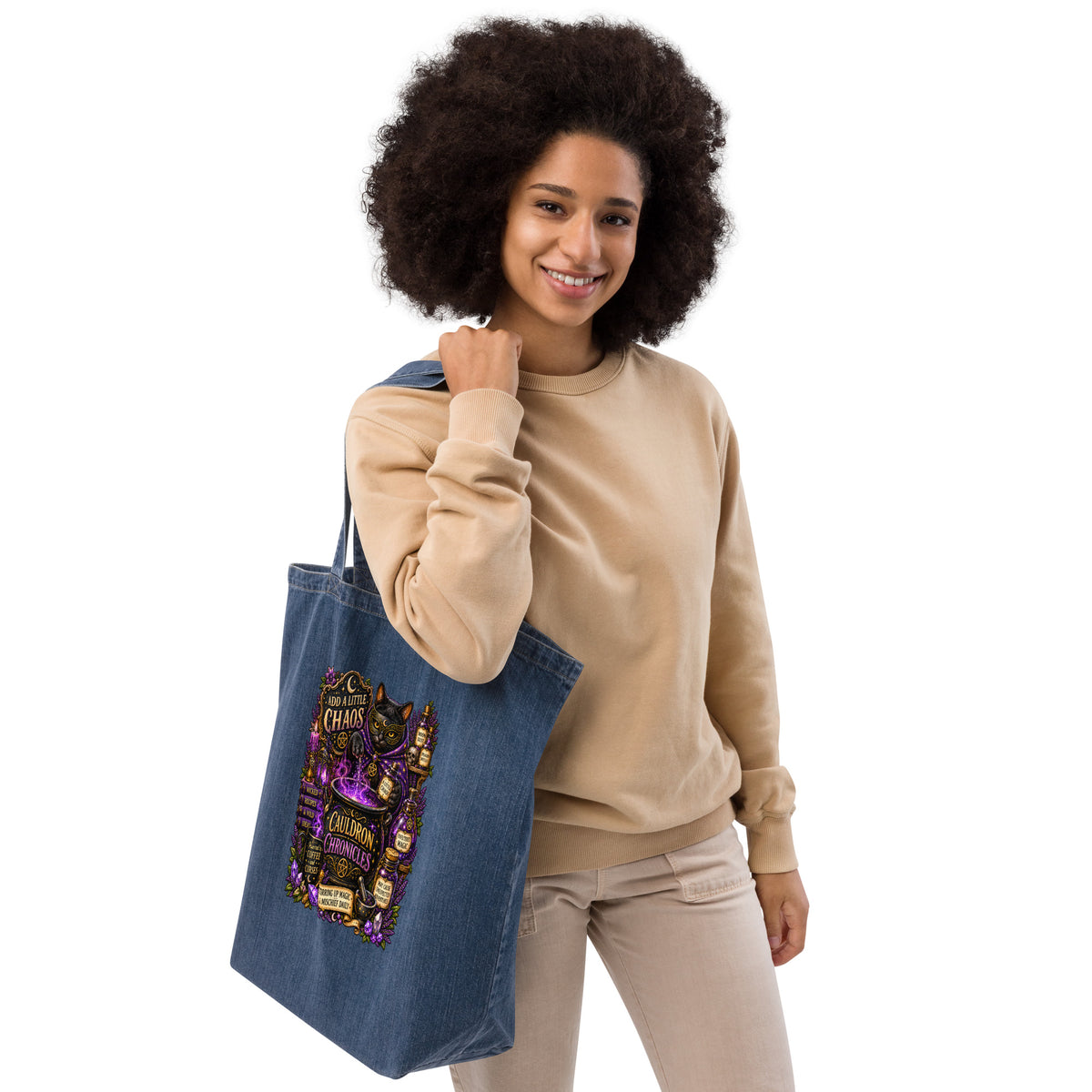Add A Little Chaos organic denim tote bag, right front view