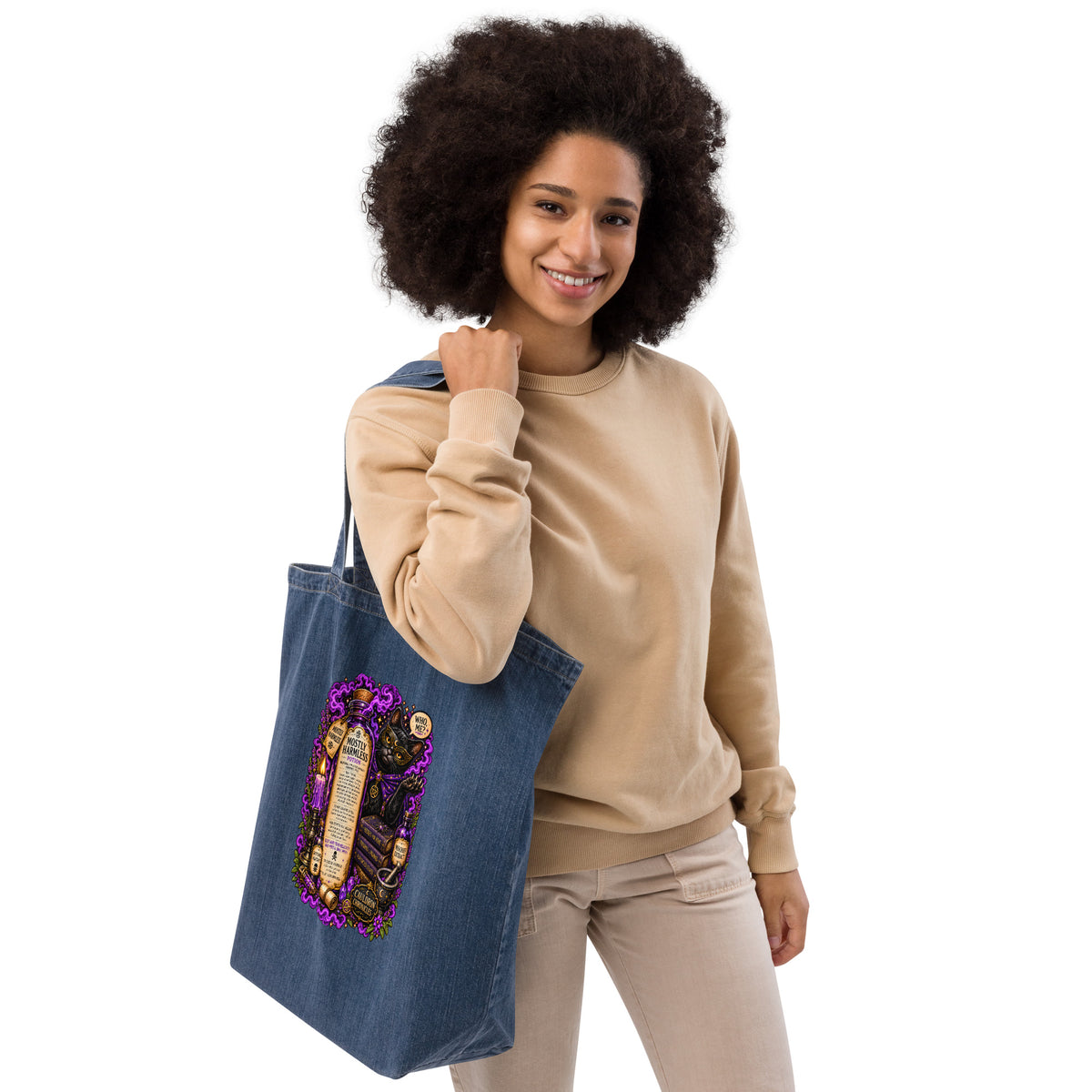 Mostly Harmless organic denim tote bag, right front view