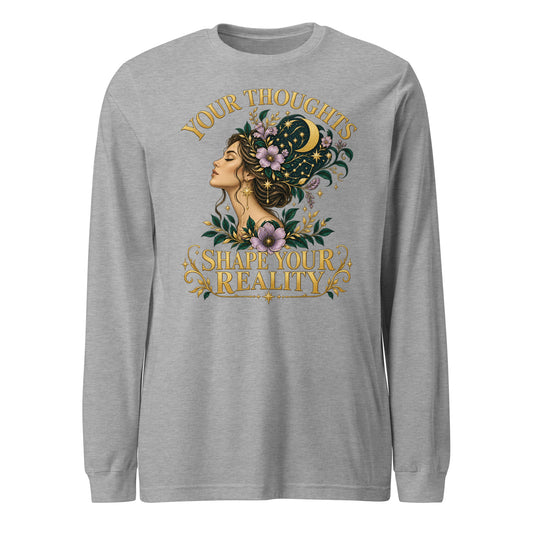 Your Thoughts Shape Your Reality unisex long sleeve tee in athletic heather, front. Gold lettering above a woman's profile with stars and constellations.
