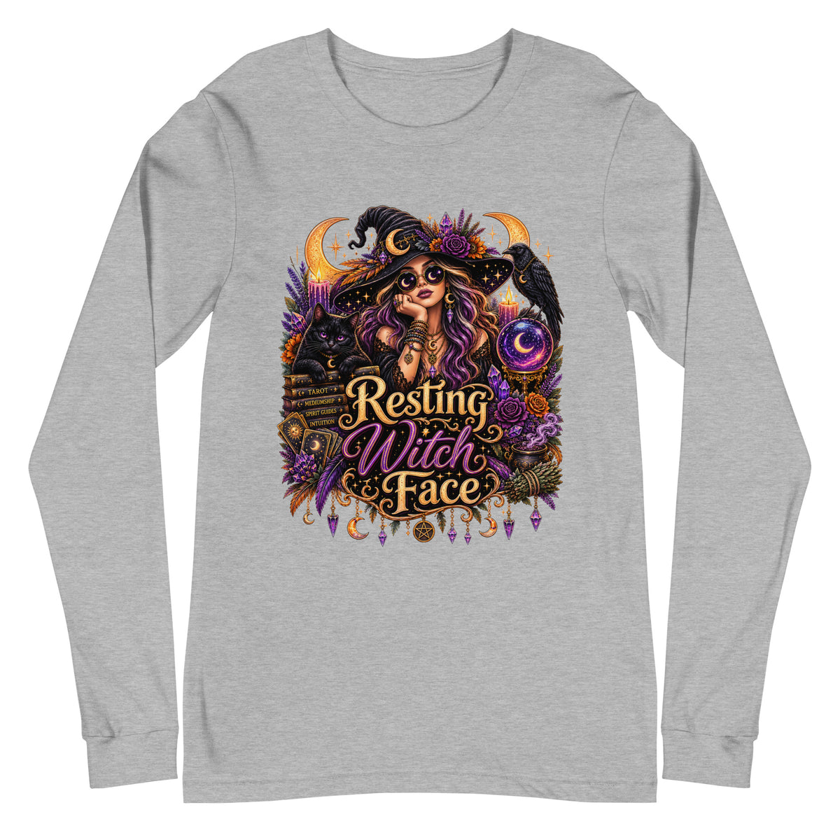 Resting Witch Face whimsigoth design, a witch in round sunglasses with her black cat and a raven, on an athletic heather unisex long sleeve tee, front view