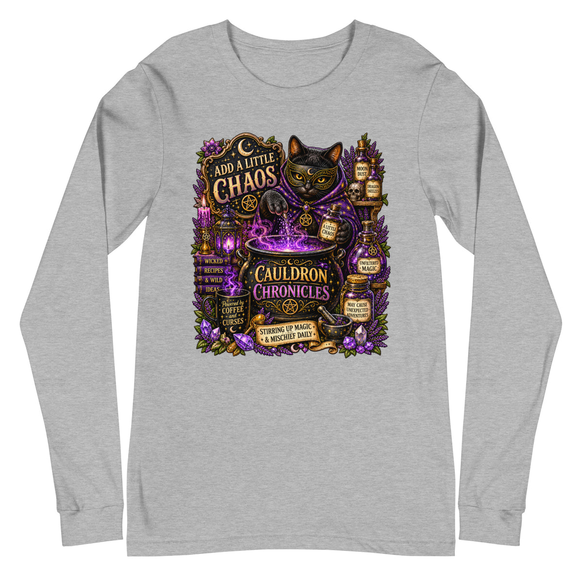Add A Little Chaos design, a masked black cat stirring a bubbling purple cauldron, on an athletic heather unisex long sleeve tee, front view