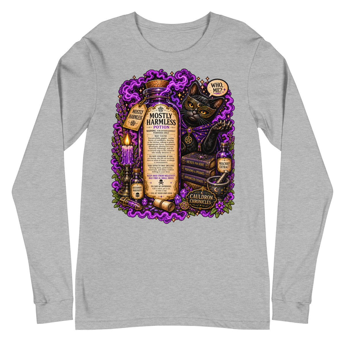 Mostly Harmless design, a potion bottle and a masked black cat, on an athletic heather unisex long sleeve tee, front view