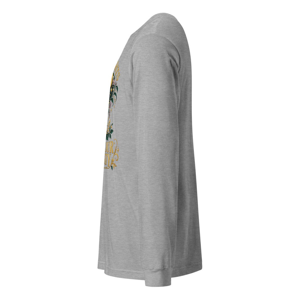Your Thoughts Shape Your Reality unisex long sleeve tee in athletic heather, left side, showing the sleeve and ribbed cuff.
