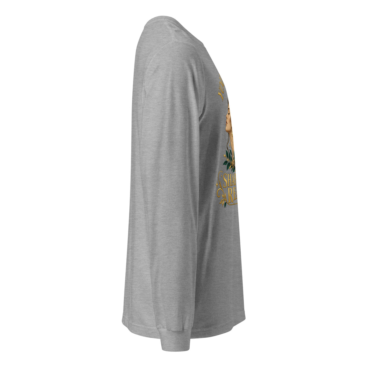 Your Thoughts Shape Your Reality unisex long sleeve tee in athletic heather, right side, showing the sleeve and ribbed cuff.