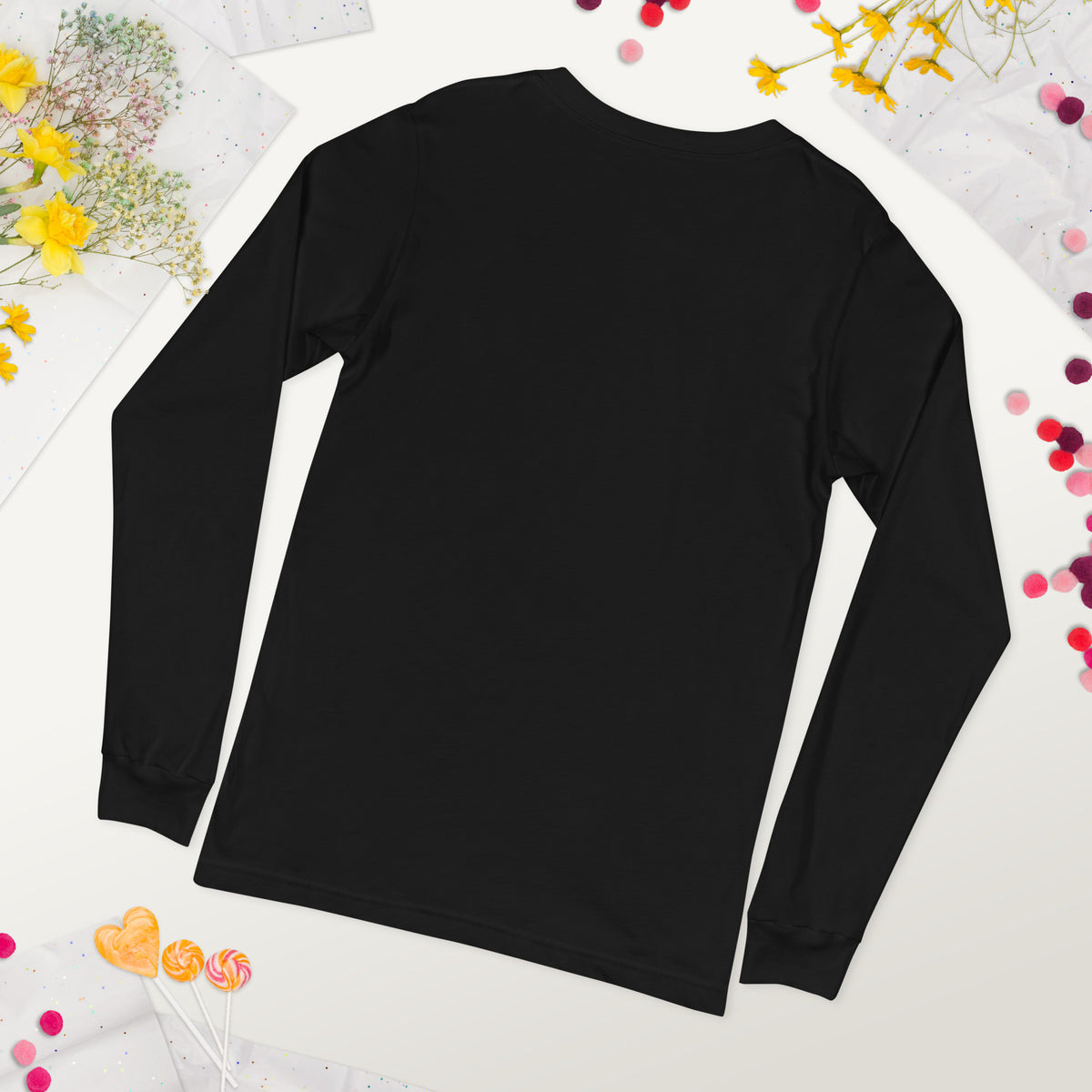 Add A Little Chaos whimsigoth design, a masked cat and a bubbling cauldron, on a black unisex long sleeve tee, back view detail