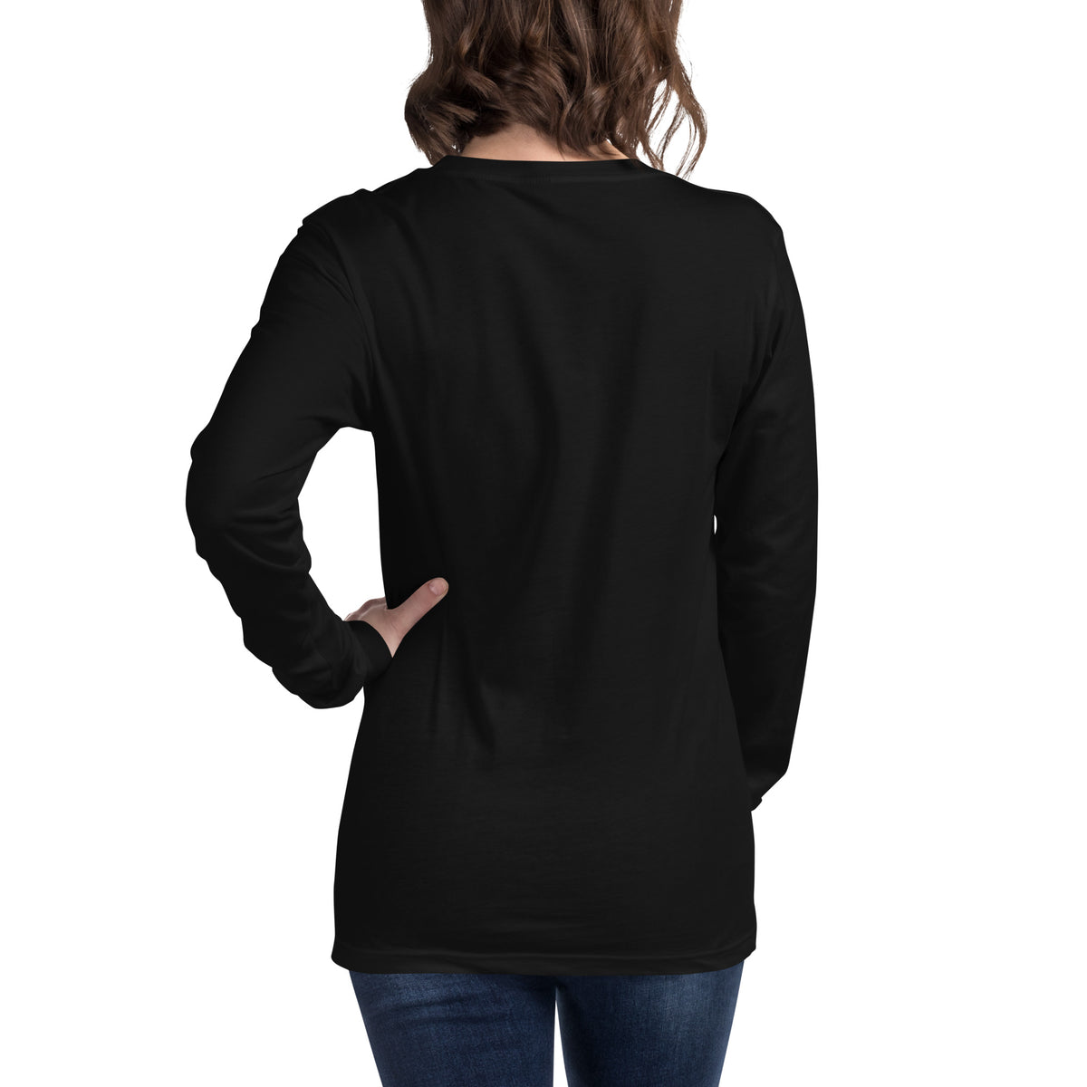 Chaos Coordinator whimsigoth design, a witchy black cat in a pointed hat, on a black unisex long sleeve tee, back view