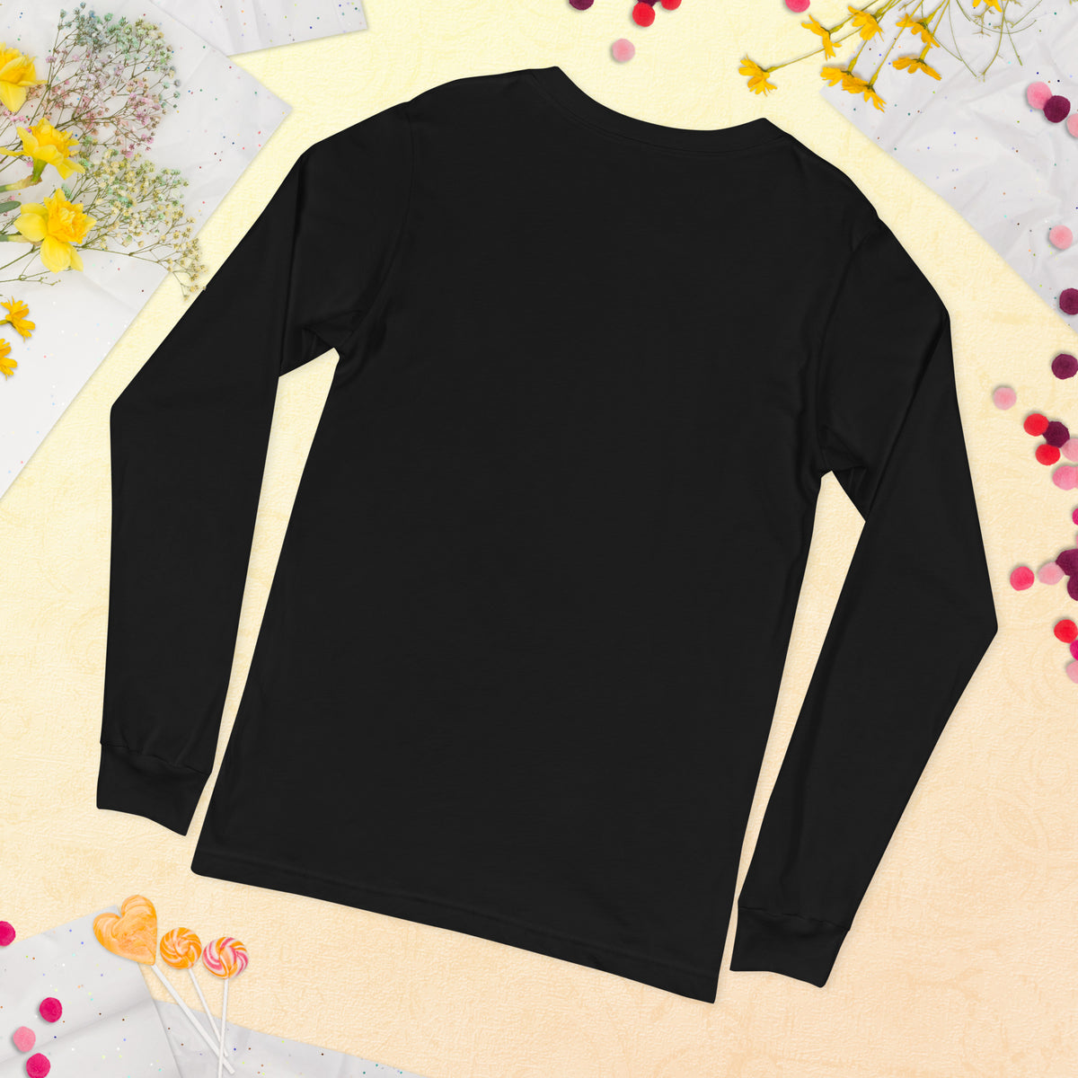 Add A Little Chaos whimsigoth design, a masked cat and a bubbling cauldron, on a black unisex long sleeve tee, back view