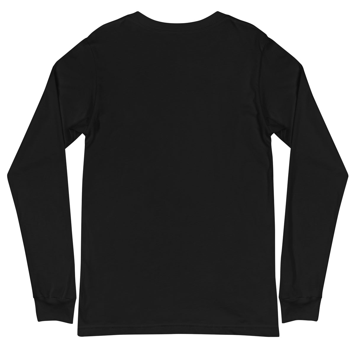 Mostly Harmless whimsigoth design, a potion bottle with a long warning label, on a black unisex long sleeve tee, back view