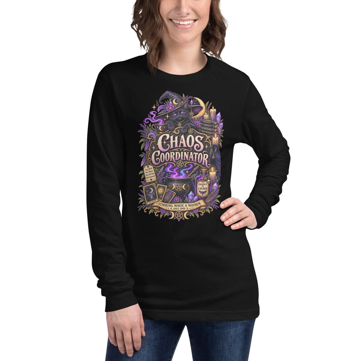 Chaos Coordinator whimsigoth design, a witchy black cat in a pointed hat, on a black unisex long sleeve tee, front view