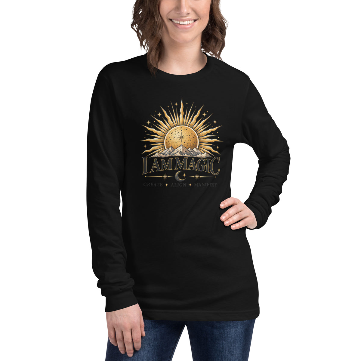I Am Magic design with a gold sun face, Be Magical collection, on a black unisex long sleeve tee, front view