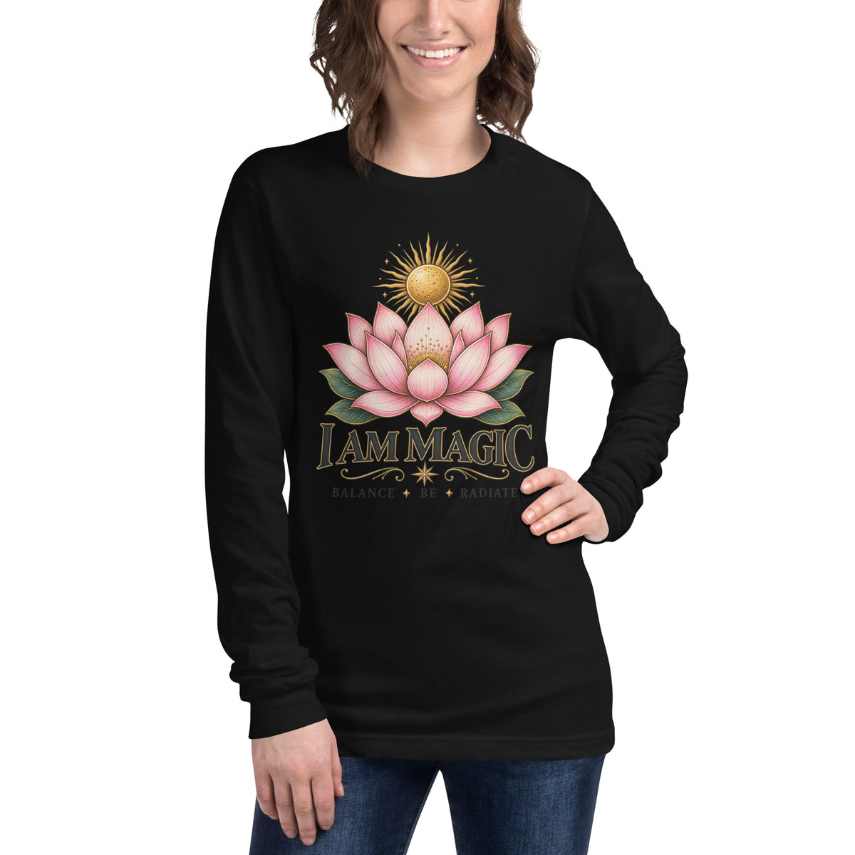 I Am Magic design with a gold lotus, Be Magical collection, on a black unisex long sleeve tee, front view