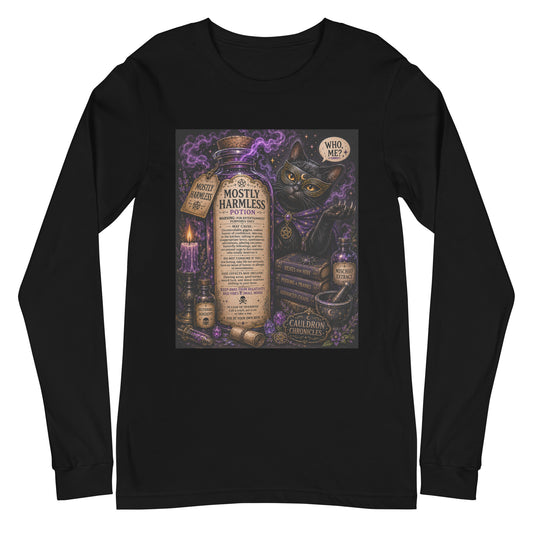 Mostly Harmless whimsigoth design, a potion bottle with a long warning label, on a black unisex long sleeve tee, front view