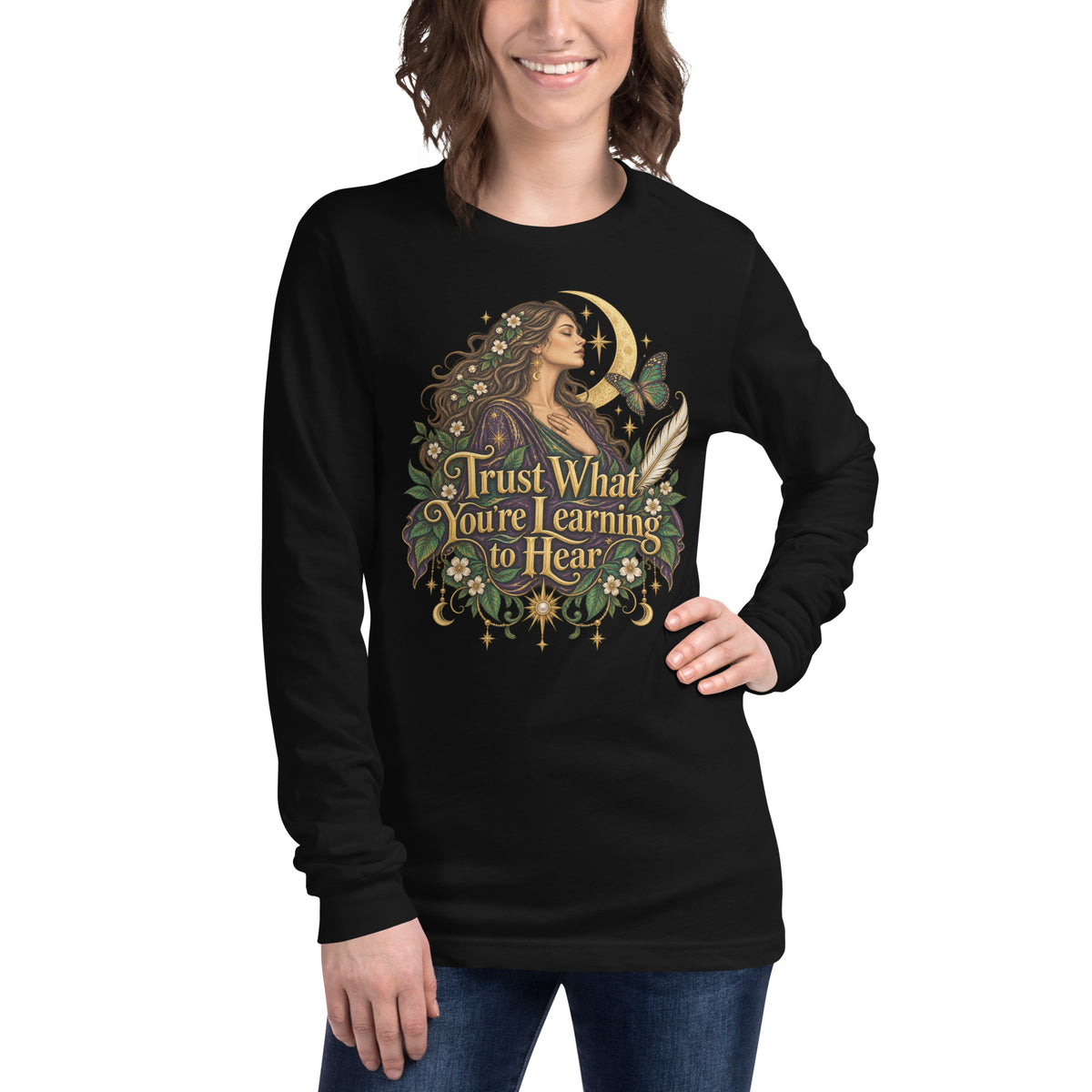 Trust What You're Learning To Hear design, Apprentice Edition, on a black unisex long sleeve tee, front view