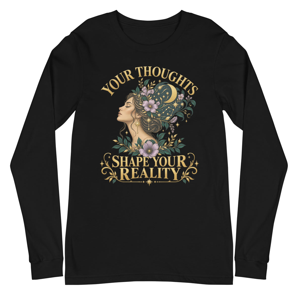 Your Thoughts Shape Your Reality unisex long sleeve tee in black, front. Gold lettering above a woman's profile with celestial imagery and lavender.