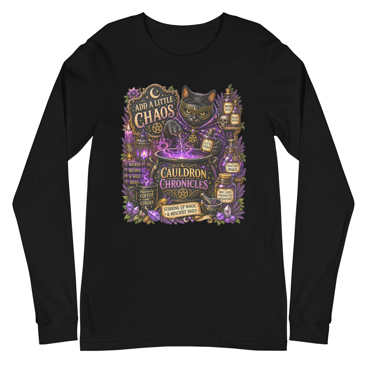 Add A Little Chaos design, a masked black cat stirring a bubbling purple cauldron, on a black unisex long sleeve tee, front view